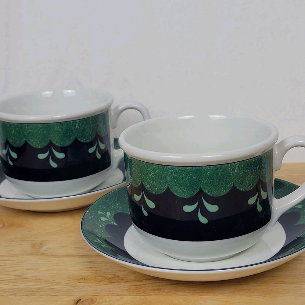 Vtg Lenox Bedazzle Emerald Cup & Saucer Set‎ of 2 Retro Green Navy Grandmacore